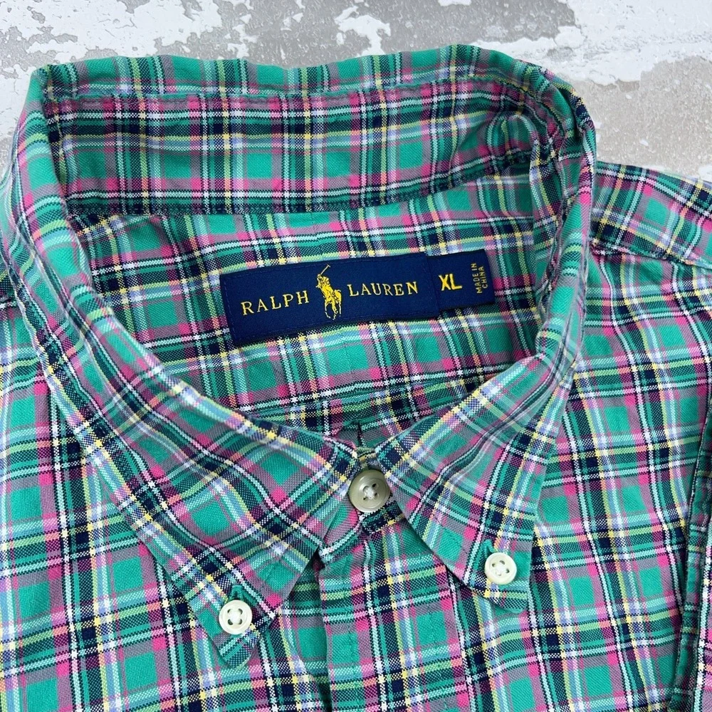 Ralph Lauren Shirt Men XL Green Pink Button Up Oxford Cloth Plaid Dress OCBD A87 - Picture 3 of 9